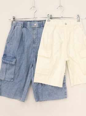 B夏款童装   男童两色松紧腰工装口袋切边牛仔五分裤  D2