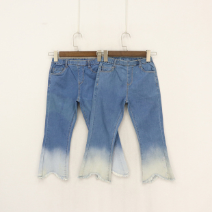 童装 女童左裤 竖D2c 脚星星带钻毛边渐变七分牛仔微喇裤 B春款