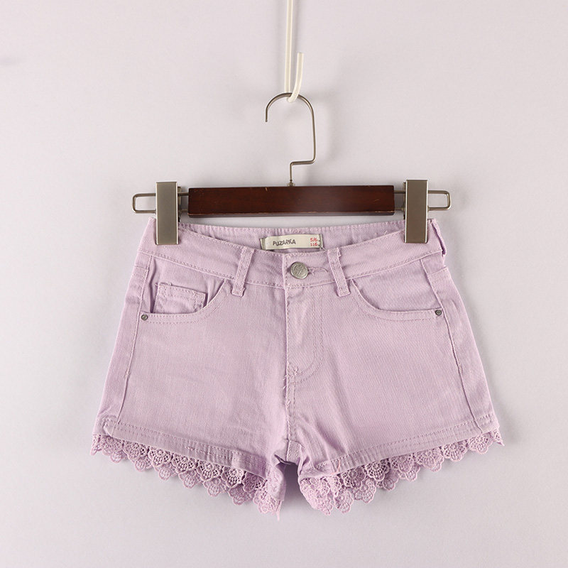 欧美单夏款童装  女童糖果四色蕾丝边短款弹力牛仔短裤   6L-3-4