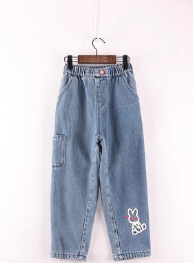 B冬款童装   女童裤脚毛绒卡通兔兔加绒保暖百搭牛仔裤  DD