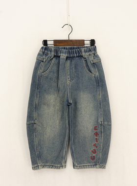 内销冬款童装   小童松紧腰左裤脚红刺绣字母一体绒小脚裤   D1M