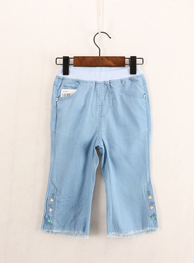 A春夏款童装 女童薄款莱赛尔天丝卡通兔兔毛边阔脚七分牛仔裤 DD