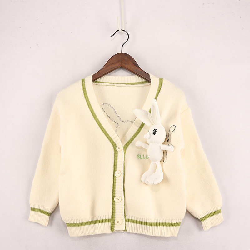 两色针织线衣开衫带立体兔兔