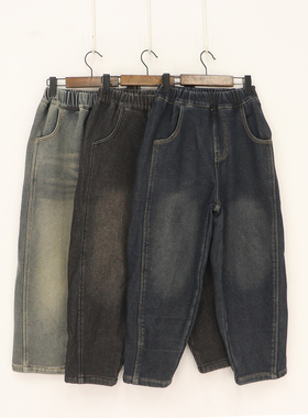 内销冬款童装    中童三色松紧腰后尖口袋黄线一体绒老爹裤   D1M