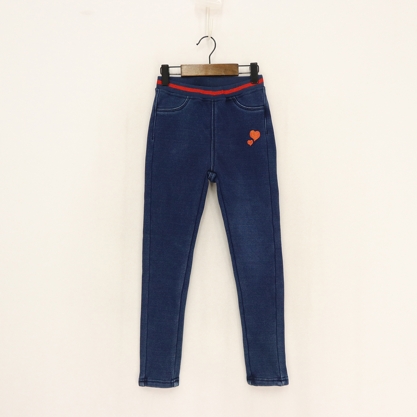 蓝红螺纹腰两爱心胶印加绒小脚裤