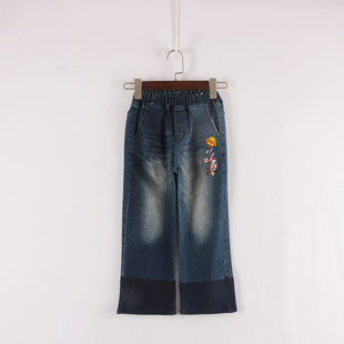 春秋款童装  女童左侧刺绣花朵裤脚弹力微喇深印牛仔裤    6i-7-3