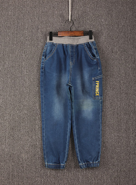 F春秋款童装   男童灰色腰前后胶印黄字母束口毛圈牛仔裤  D1B