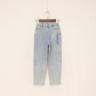 春秋款童装  男童两色松紧腰左侧白字母直筒九分牛仔裤  96D-1-2
