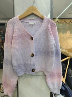 欧美外贸原单 春秋女童渐变紫短款针织开衫 春天多巴胺牛角扣外套