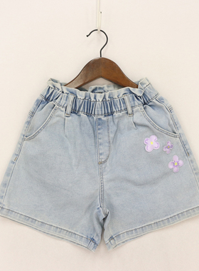 内销夏款童装    女童花苞腰左侧紫色花朵贴布短裤    D2F