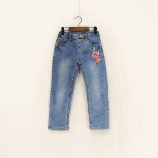 B春秋冬款童装   女童左侧织条花朵内松紧夹棉加绒牛仔裤  8H-9-4