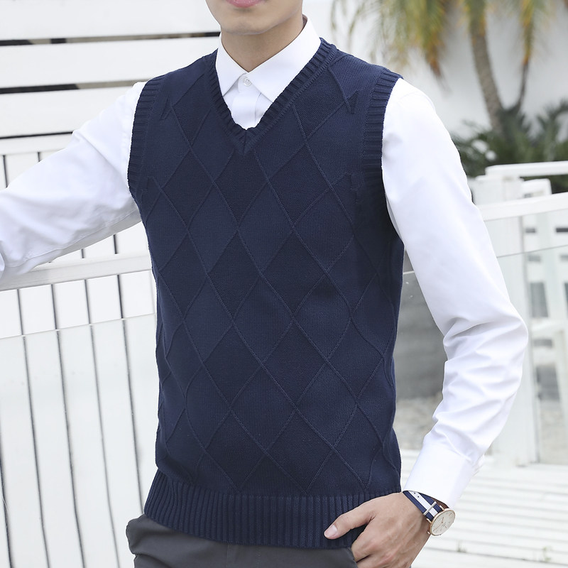 冬季毛线马甲男V领毛背心格子学院风针织衫马夹潮流无袖毛衣坎肩