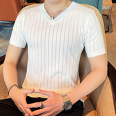 青年潮流体恤镂空半袖 针织短袖 上衣 半截袖 V领打底衫 t恤男薄款 修身