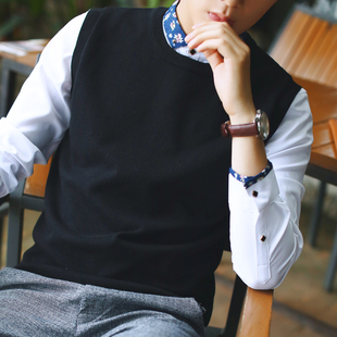 圆领毛衣背心男士薄款无袖针织衫坎肩黑色毛线马甲秋冬套头毛背心