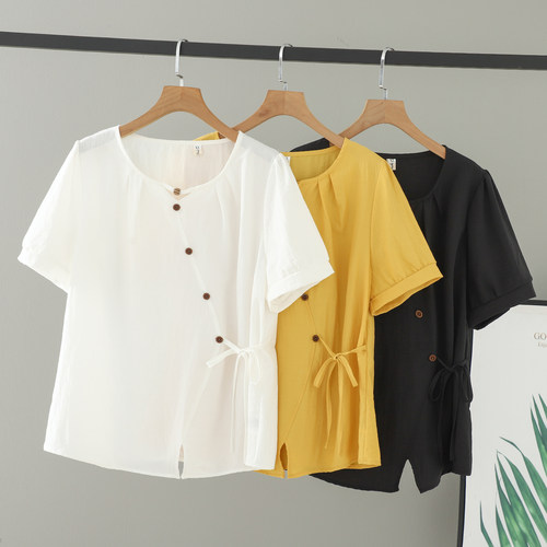 大码镂空不规则下摆收腰短袖