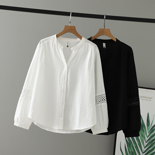 中年纯色大码 2025新款 拼接V领蕾丝镂空女衬衫 胖妹妹女装 衬衣 秋装