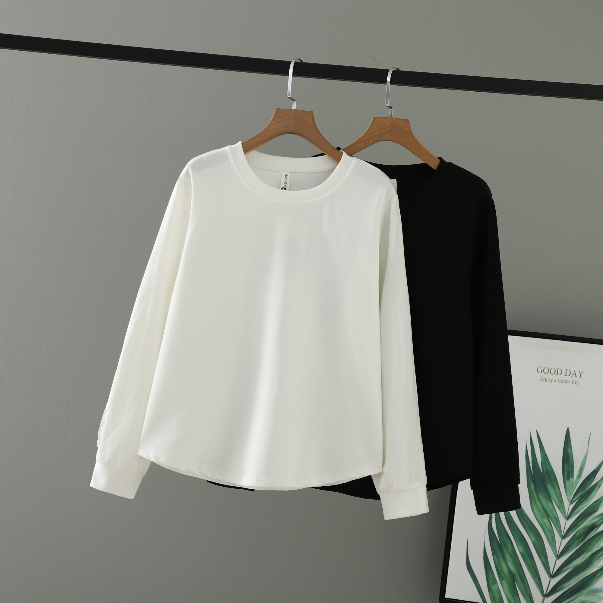 纯色花边拼接T恤女圆领长袖上衣