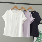 胖mm夏装 对称压褶圆领T恤 木耳边女上衣盐系大码 2025女装 宽松短袖