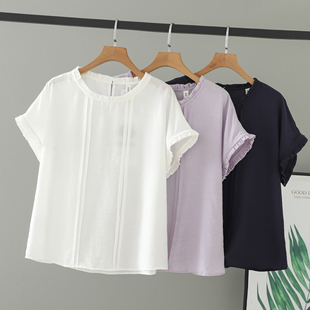 木耳边女上衣盐系大码 宽松短袖 对称压褶圆领T恤 2025女装 胖mm夏装