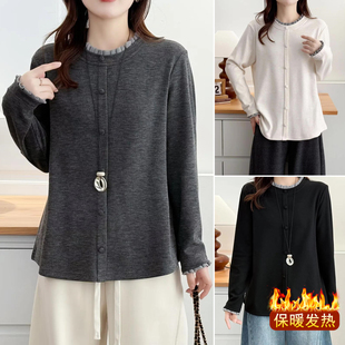 绒衫 中年大码 保暖花边拼接半高领上衣女慕斯绒打底衫 2025胖mm冬装
