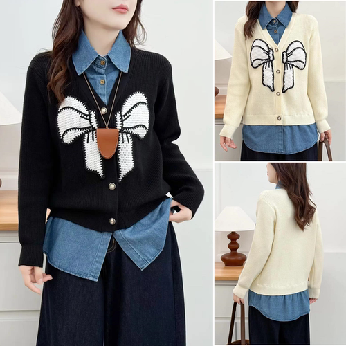 假两件蝴蝶结刺绣牛仔拼接针织衫