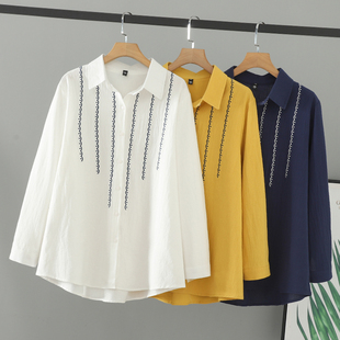 长袖 春装 百搭棉麻刺绣衬衫 女中长款 时髦上衣 胖mm2025新款 大码 女装