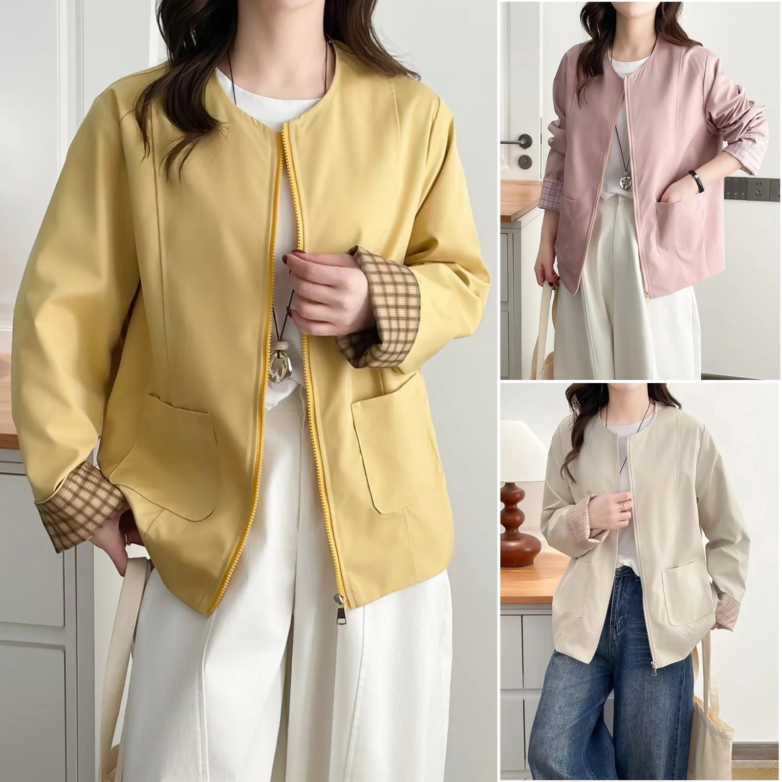 2026女装胖mm春装新款中年大码纯色拉链上衣夹克圆领显瘦外套女