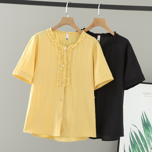 纯色木耳边圆领短袖拼接上衣