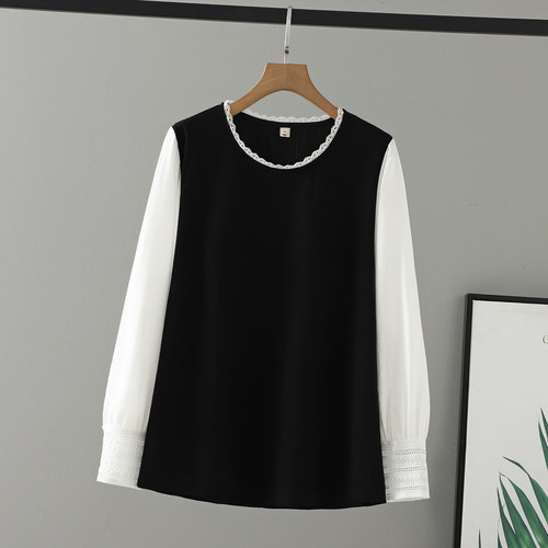 镂空长袖假两件圆领花边上衣女