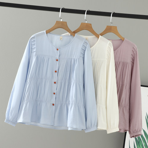 胖mm新款春装女装长袖圆领减龄褶皱遮肉衬衫女大码200斤百搭上衣