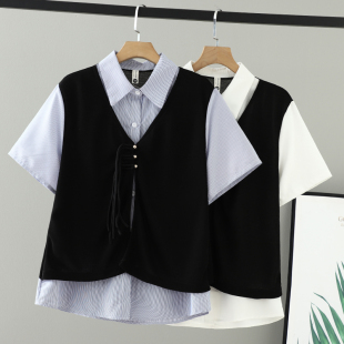 新款 衬衫 胖妹妹夏装 假两件衬衣女短袖 气质胖mm减龄200斤大码 女装