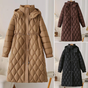 抽绳棉衣袖 大码 胖mm长款 2025冬装 子可拆卸中年收腰连帽女棉服 女装