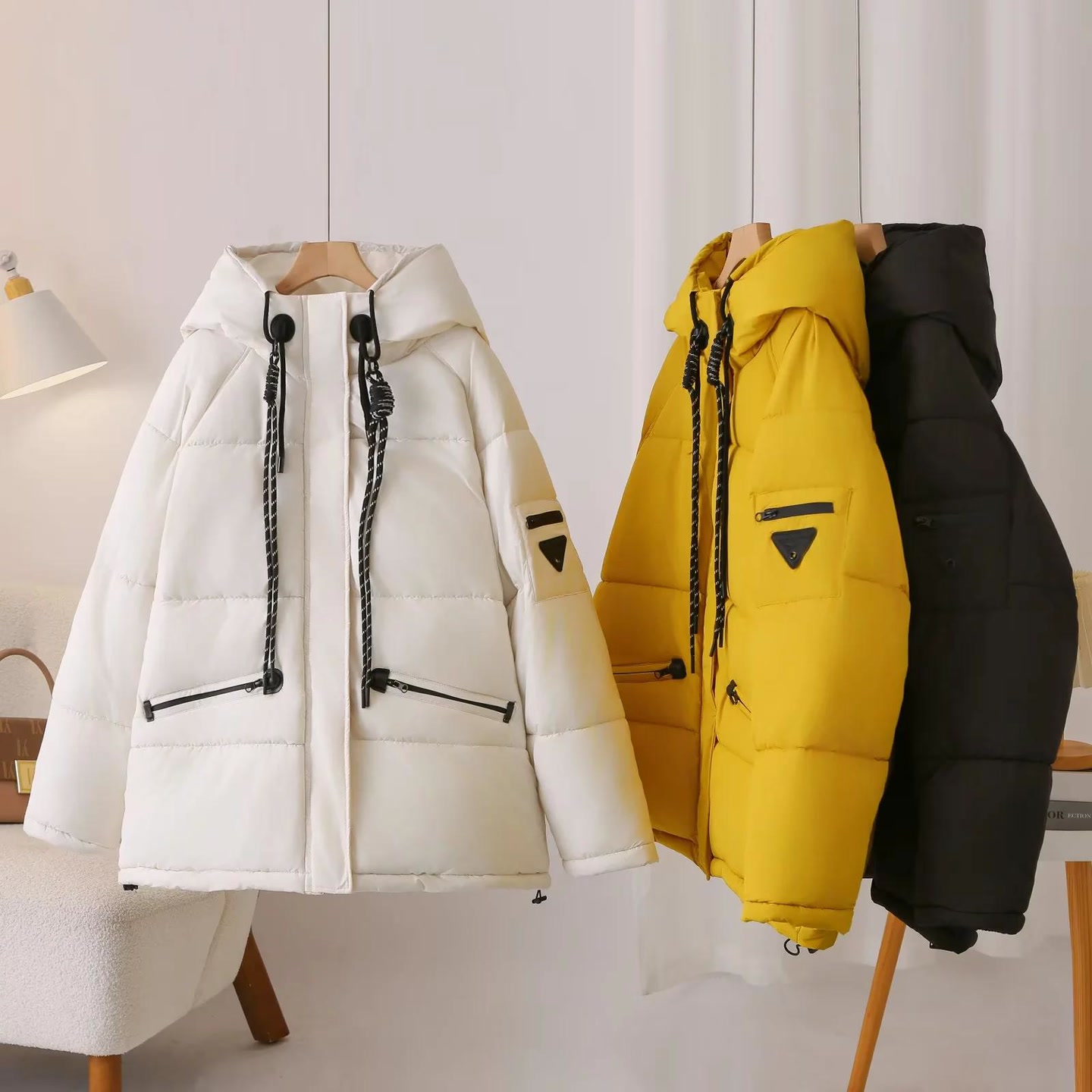 大码纯色中长款连帽百搭棉袄