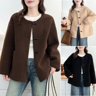 2026新款冬装胖mm女装中年大码外套女纯色圆领牛角扣颗粒绒上衣