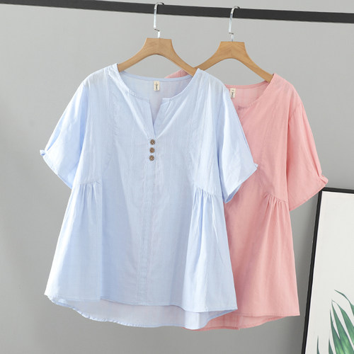 2024胖mm夏装女装上衣女小V领T恤