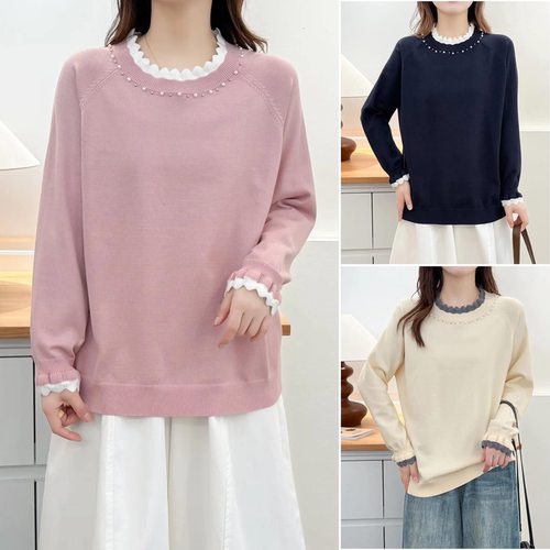 大码中年女圆领拼接钉珠针织衫