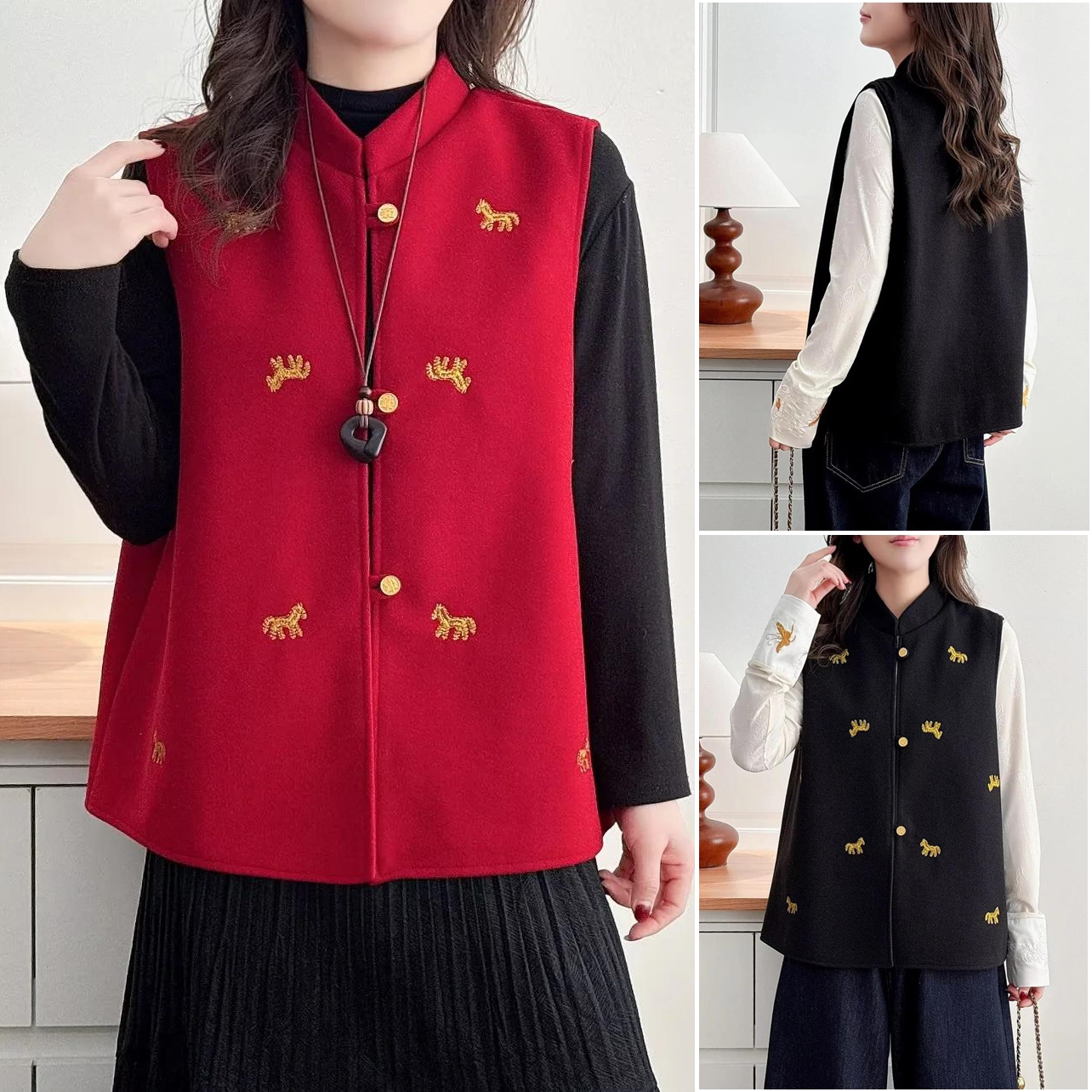 胖mm2026女装春装坎肩小马刺绣马甲大码国风本命年立领中年马夹女