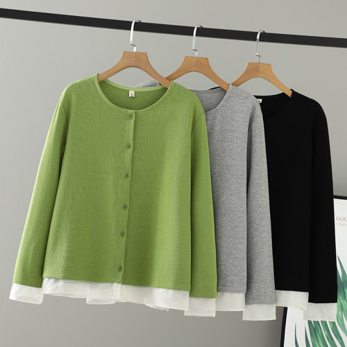 圆领撞色拼接长袖T恤开衫女上衣