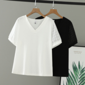 2025新款 女T恤韩系时髦拼接上衣 大码 夏装 胖mmV领遮肚子纯色短袖