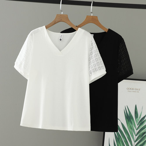 大码v领拼接纯色短袖女装