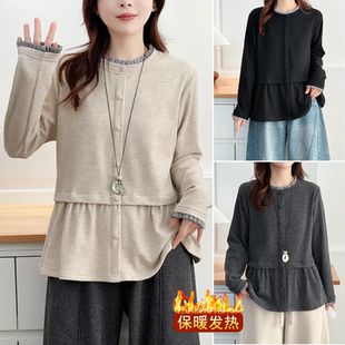 圆领打底衫 中年上衣女褶皱木耳边拼接撞色大码 2025女装 胖mm冬装