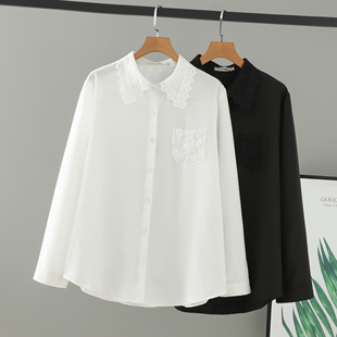 蕾丝领翻领衬衫 2026女装 拼接长袖 胖妹妹大码 镂空单口袋上衣女 春装