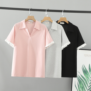 胖mm新款夏装2026女装蕾丝花边拼接短袖衬衫女翻领大码套头上衣