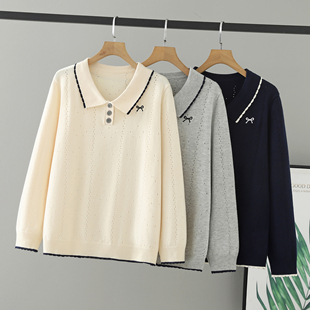 毛衣 撞色翻领200斤韩系中年花边上衣女三粒扣大码 胖mm秋装 女装