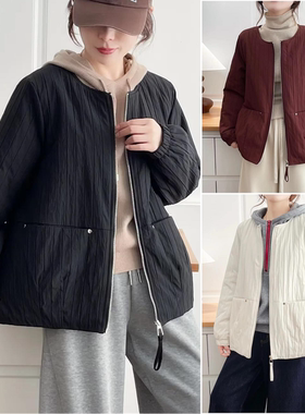 胖妹妹圆领轻薄款褶皱双口袋棉服