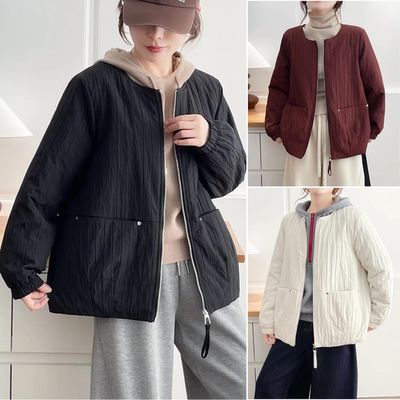 胖妹妹圆领轻薄款褶皱双口袋棉服