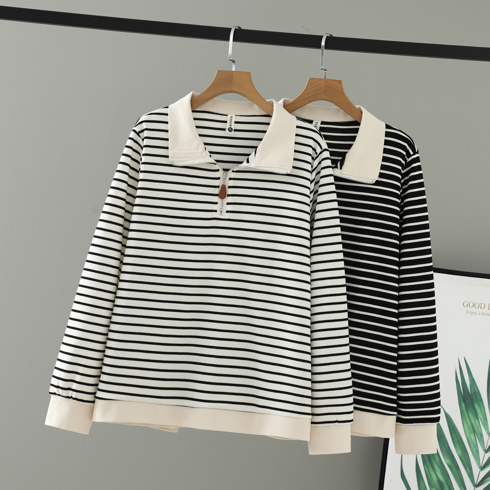 T恤女条纹半拉链拼接长袖