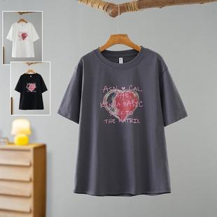 愛(ài)心亮鉆印花短袖 2025女裝 胖妹妹夏裝 減齡女T恤大碼 新款 胖mm上衣