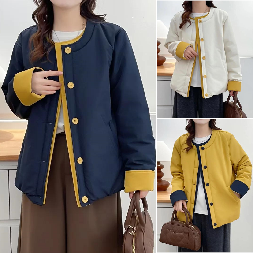 胖mm大码单排扣圆领撞色棉衣女