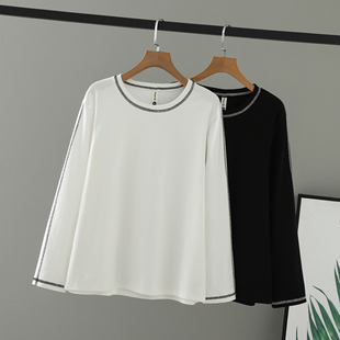 胖mm200斤长袖 大码 新款 秋装 遮肚子女上衣圆领撞色明线设计T恤 女装